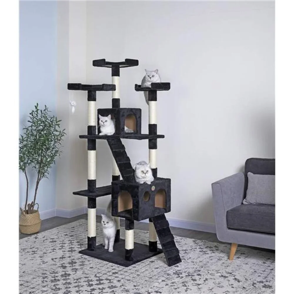 Tall Cat Tree Tower with Cat Condos Play Scratch Activity with Toy, Black, 72